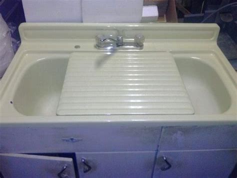 Vintage Double Cast Iron Sink Sliding Drainboard Yellow Enamel