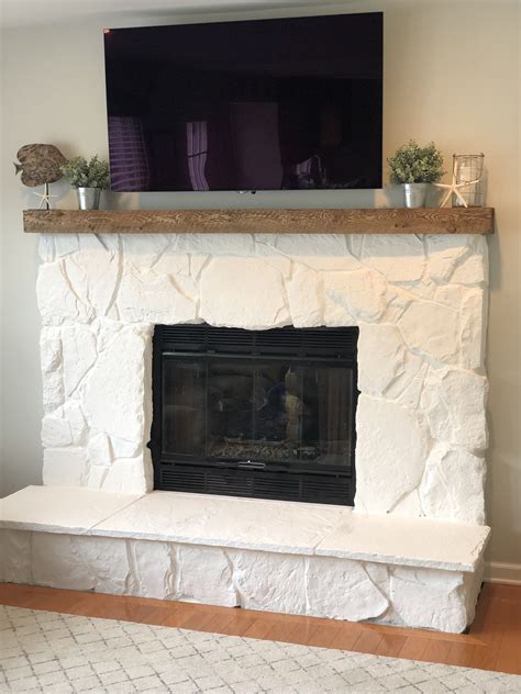 20 White Stone Fireplace With Wood Mantel