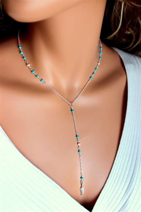 Lariat Necklace Sterling Silver Turquoise Gold Filled Women Pearl Long Drop Minimlaist Jewelry Y