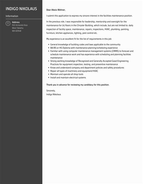 Facilities Maintenance Cover Letter | Velvet Jobs