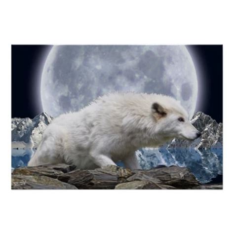 White Arctic Wolf And Moon Wildlife Art Poster Arctic Wolf Wildlife