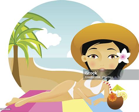 Красивая Девушка Лежит На Полотенце На Пляж — стоковая векторная графика и другие изображения на