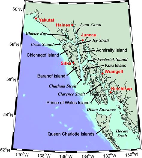 Map Of Southeast Alaska Showing Major Channels Italicized Land