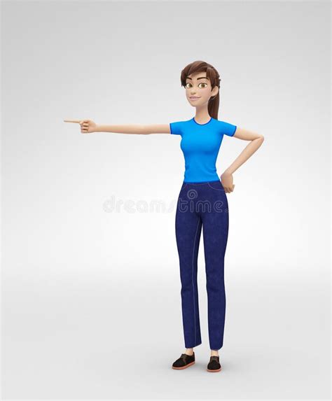 happy and friendly jenny 3d cartoon female character model pointing finger with smile stock