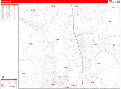 Conroe Texas Zip Code Wall Map Red Line Style By Marketmaps