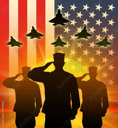 Silhouette Of A Soldiers Saluting The Us Flag On The Background And