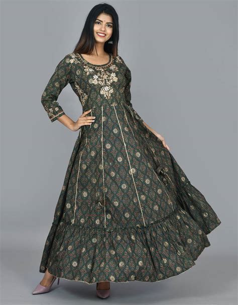 Green Cotton Embroidered Long Anarkali Dress Kirei 3431041