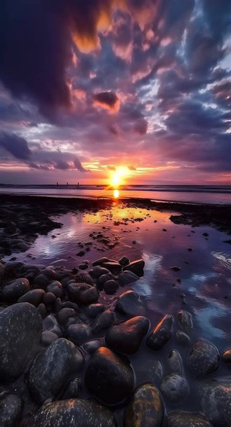 Beautiful Cloudy Sunset Over The Rocky Sea Shore At Evening Stock