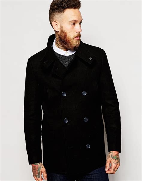 Asos Wool Peacoat With Funnel Neck In Black In Black For Men Lyst