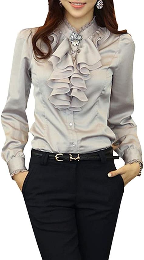 ideal women s elegant romantic ruffle front lace high neck collar formal top shirt ladies work