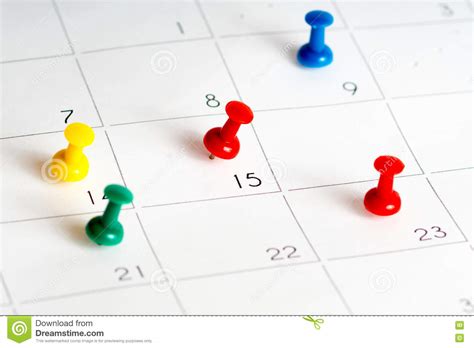 Multiple Color Pins On Calendar Grid Stock Image Image Of Marked