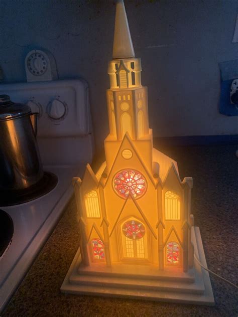 Vintage Raylite Plastic Cathedral Church Lights Up Music Box Plays