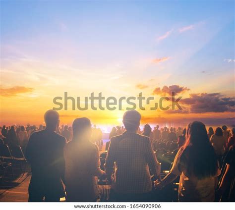 Silhouettes Concert Crowd Front Sunset Background Stock Photo Edit Now