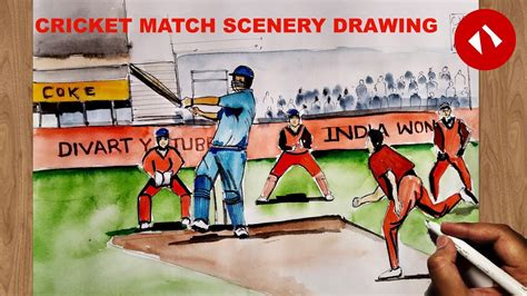 Cricket Match Scenery Drawing With Watercolours Cricket Stadium