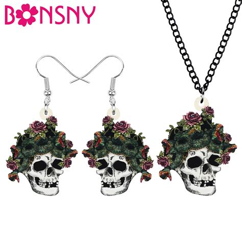 Bonsny Acrylic Halloween Skeleton Skull Jewelry Sets Print Long