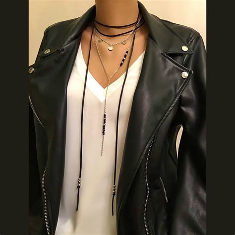 Black Leather Multi Strand Necklace Leather Coin Necklace Set Etsy