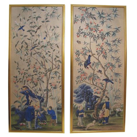 Pair Of Antique Hand Painted Chinese Wallpaper Panels For