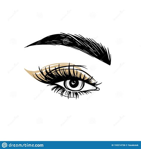 vector hand drawn beautiful female eye with long black eyelashes golden eyeshadow and brows