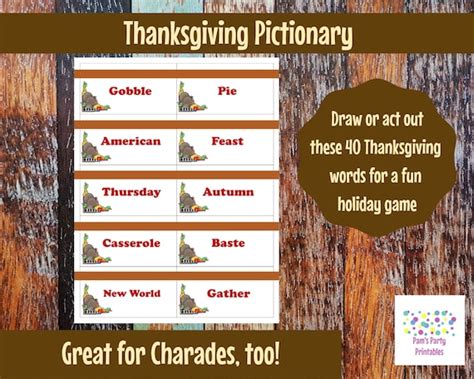 Printable Thanksgiving Game Cards For Pictionary Charades Hangman