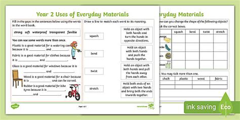 Year 2 Everyday Materials Revision Activity Mat Twinkl