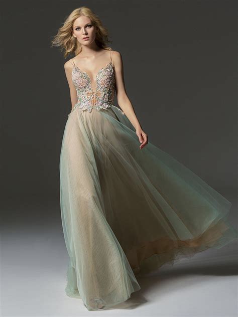 A Line Evening Dress With Plunging Neckline And Tulle Skirt With