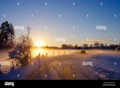 Snowy Country Road At Sunrise Geretsried Upper Bavaria Bavaria