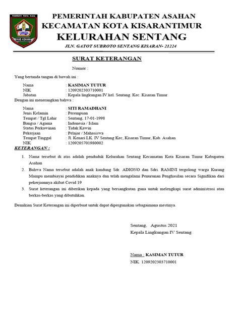 Surat Keterangan Penurunan Penghasilan Pdf