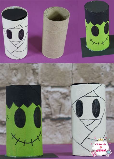 Múmia e Frankenstein feitos com rolos de papel | Enfeites de halloween