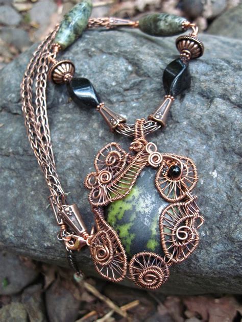 Green And Black Epidote Cabochon Copper Wire Weave Pendant