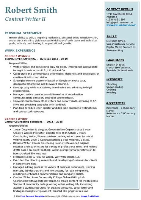 Content Writer Resume Samples Qwikresume