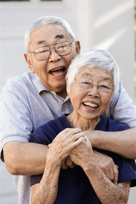 Older Asian Couple Hugging Outdoors Hugging Couple Old People Love