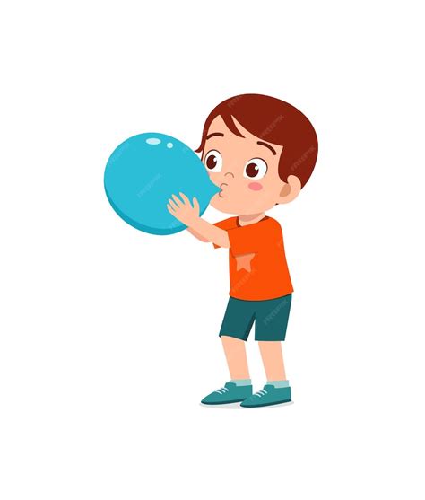 Premium Vector Little Kid Standing And Blowing A Balloon