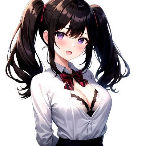 Girl Black Eyes Black Hair Blush Bow Bowtie Bra Breasts Center Opening Cleavage Collared Shirt