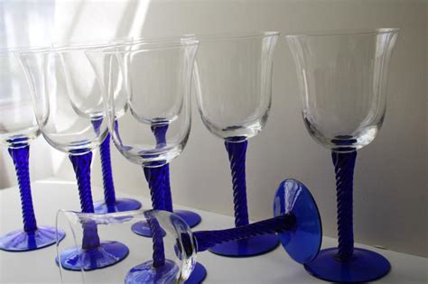 Vintage Hand Blown Glass Wine Glasses Cobalt Blue Twist Stem Clear Bowl Goblets