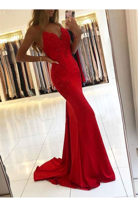 Long Red Mermaid Beaded Lace Prom Dresses Formal Evening Gowns