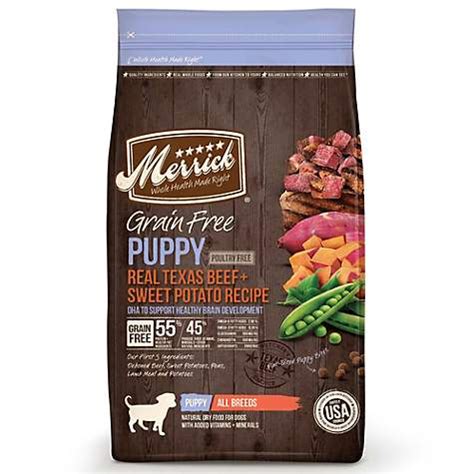 Merrick classic puppy recipe dry dog food 4 lb bag. Merrick Grain Free Real Texas Beef + Sweet Potato Puppy ...
