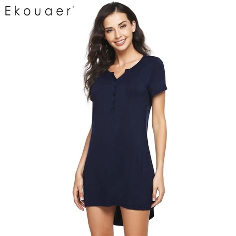 Ekouaer Casual Solid Nightgown Summer Button V Neck Sleepwear Women Short Sleeve Loose