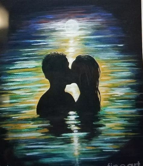 Couple Kissing In The Water In The Moonlight Silhouette Painting
