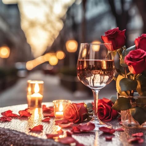 Premium Ai Image Romantic Evening Glass Of Wine And Roses On Table In Cafe Street On Sunset