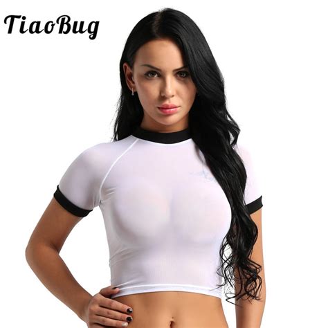 Tiaobug Women White Soft Mesh Short Sleeve Crop Top See Through Sheer Short T Shirt Sexy Club