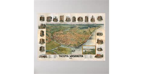 Vintage Map Of Tacoma Wa 1893 Poster Zazzle