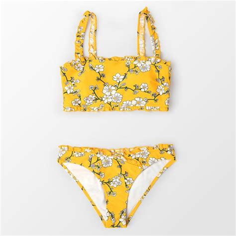 Yellow Floral Bandeau Ruffled Bikini Ruffled Bikini Bikini Tops Bikinis