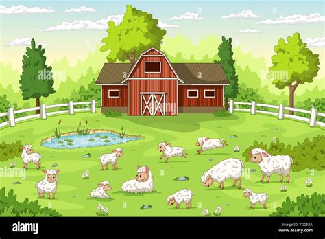 Cartoon Sheep On A Farm Summer Landscape With Red House And Fence