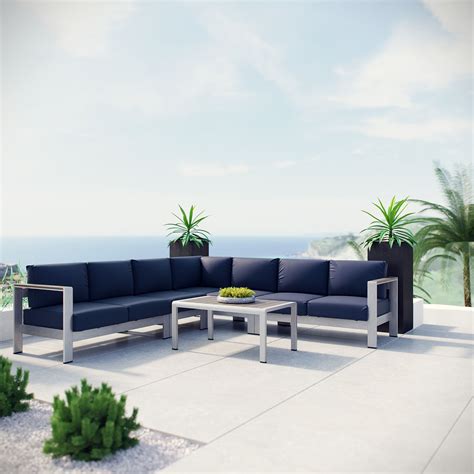 Shore 6 Piece Outdoor Patio Aluminum Sectional Sofa Set In Silver Navy