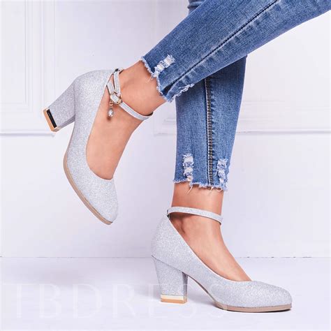 Ankle Strap Round Toe Plain Chunky Heel Womens Pumps