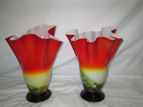 Vintage Stunning Pair Of Art Glass Blown Glass Vases Green To Red Encased Glass White Inside