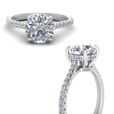 Hidden Halo Pave Set Round Diamond Engagement Ring In 14K White Gold