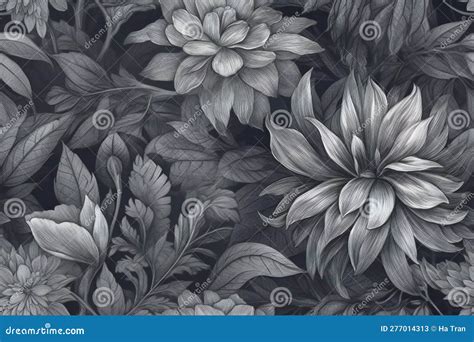 Seamless Floral Pattern With Black And White Dahlias And Leaves Stock