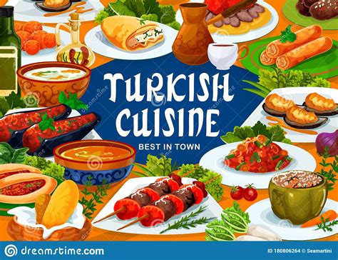 Turkish National Food Dishes Meals And Desserts Stock Vector
