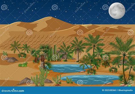 Desert Oasis With Palms And Cactus Nature Landscape At Night Scene